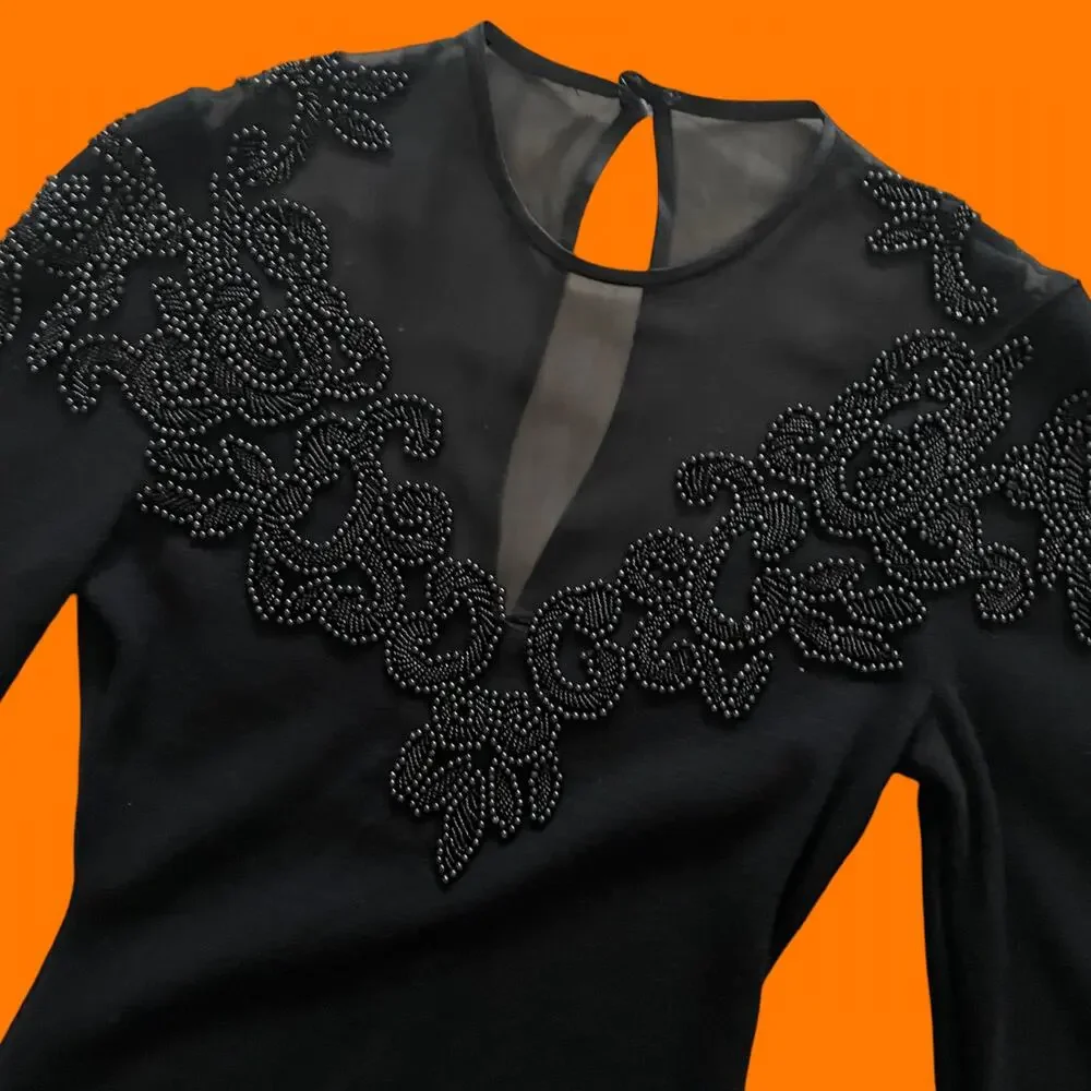 90's vintage black wool blend high neck mesh beaded bodycon mini dress SMALL - Picture 2 of 7